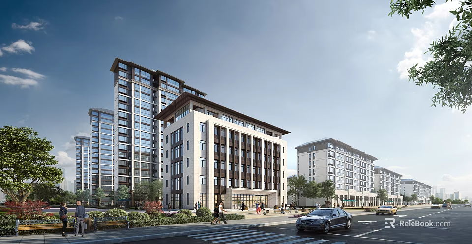 Modern Residential Building Exterior Design With Greenery Street Pedestrians And Cars 3d model 