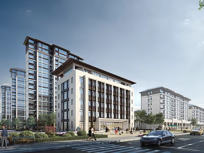 Modern Residential Building Exterior Design With Greenery Street Pedestrians And Cars 3d model