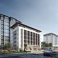 Modern Residential Building Exterior Design With Greenery Street Pedestrians And Cars