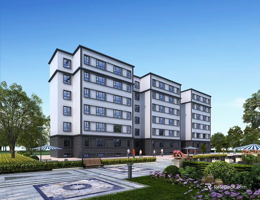 Modern Multistory Residential Building Exterior With Greenery Lawns Trees And Park Benches 3d model 