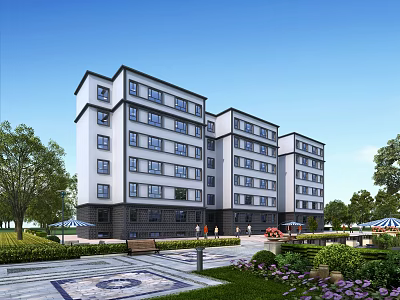 Modern Multistory Residential Building Exterior With Greenery Lawns Trees And Park Benches 3d model