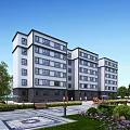 Modern Multistory Residential Building Exterior With Greenery Lawns Trees And Park Benches