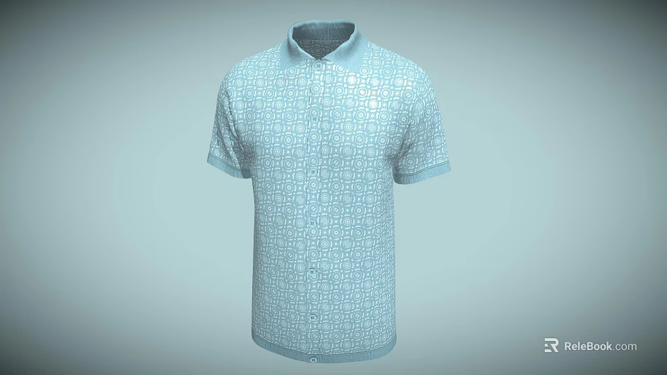 Light Blue Collared Short Sleeve Shirt Featuring Geometric Pattern Design 3d model