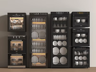 Modern Black Kitchen Appliances With Glass Doors Storing Dishes Cups And Bowls 3d model