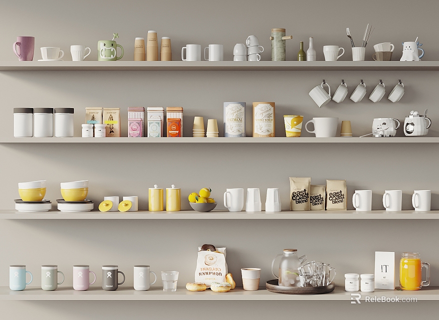 Assorted Dinnerware Set Featuring Cups Mugs And Jars On Shelves 3d model 