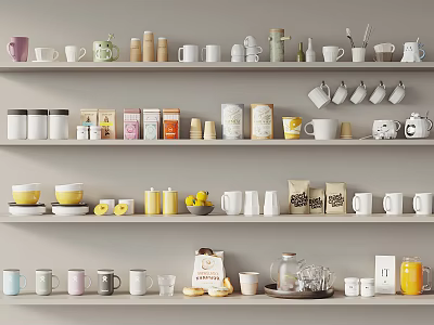 Assorted Dinnerware Set Featuring Cups Mugs And Jars On Shelves 3d model