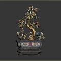 Artistic Bonsai Tree with Red Fruits and Green Leaves in Colorful Decorative Pot