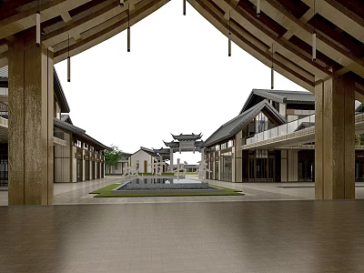 Charming Traditional Chinese Commercial Street With Wooden Beams Courtyard And Water Pool 3d model