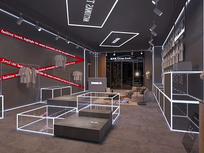 Modern Clothing Store Interior Design With Display Platforms And Lighting 3d model