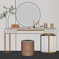Modern Dressing Table Interior Design With Round Mirror Potted Plant Table Lamp And Cosmetics Stool