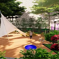 Garden Landscape Design With White Gazebo Purple Flowers And Checkerboard Pavement
