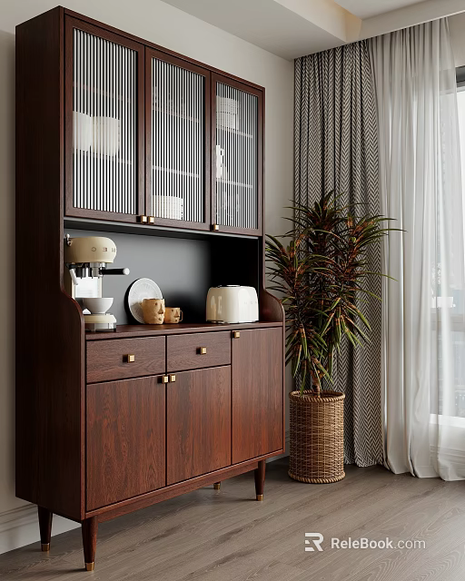 Wooden Sideboard With Glass Doors Tableware Coffee Machine And Plant In Modern Interior 3d model 