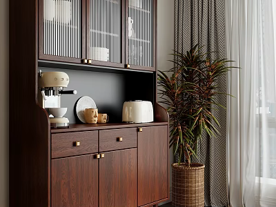 Wooden Sideboard With Glass Doors Tableware Coffee Machine And Plant In Modern Interior 3d model