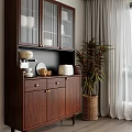 Wooden Sideboard With Glass Doors Tableware Coffee Machine And Plant In Modern Interior