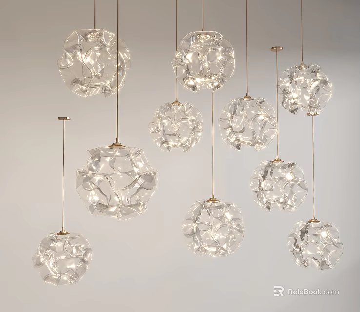 Modern Transparent Chandeliers With Geometric Polyhedron Design Golden Hanging Wires For Interior Decoration 3d model 