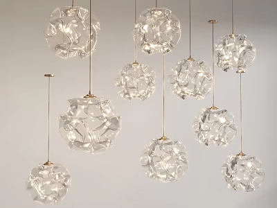 Modern Transparent Chandeliers With Geometric Polyhedron Design Golden Hanging Wires For Interior Decoration 3d model