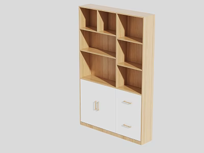 Modern Light Wood Bookshelf With Multiple Shelves White Cabinet Doors And Drawers 3d model