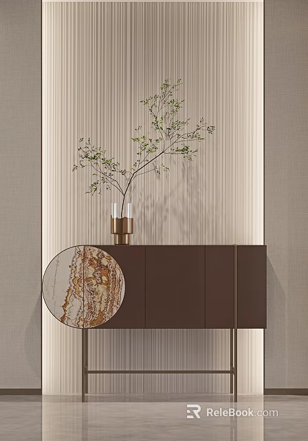 Dark Brown Entryway Side Cabinet With Vase Green Plant Circular Marble Decor And Striped Wall 3d model 