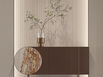 Dark Brown Entryway Side Cabinet With Vase Green Plant Circular Marble Decor And Striped Wall 3d model