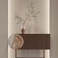 Dark Brown Entryway Side Cabinet With Vase Green Plant Circular Marble Decor And Striped Wall