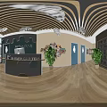 Colorful Kindergarten Science Playground With Reception Desk Green Plants And Cloud Decorations
