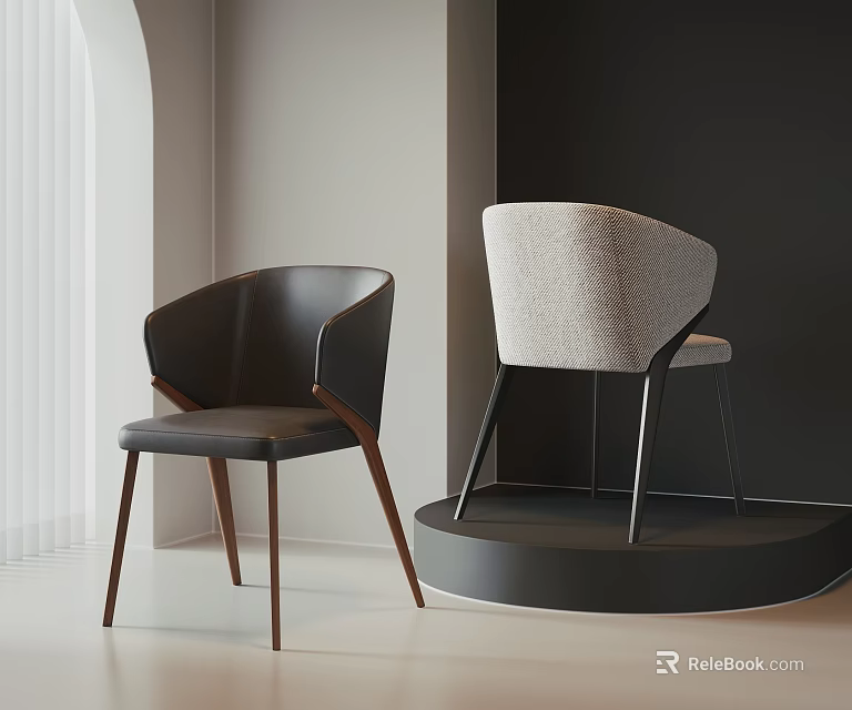 Two Stylish Accent Chairs Dark Brown Wooden Legs Light Gray Fabric Metal Frame Modern Interior 3d model 