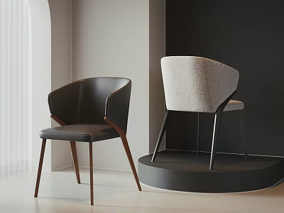 Two Stylish Accent Chairs Dark Brown Wooden Legs Light Gray Fabric Metal Frame Modern Interior 3d model