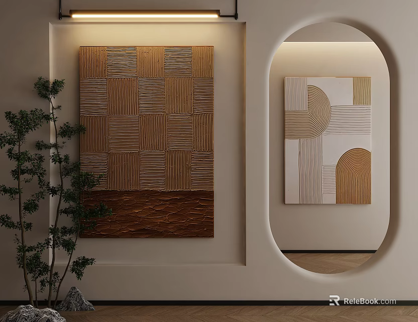 Modern Interior With Two Abstract Paintings Geometric Circular Patterns Neutral Hues And Decorative Plants 3d model