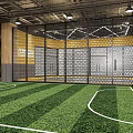 Indoor Sports Fitness Facility With Soccer Court Net Enclosure And Ceiling Lighting Design