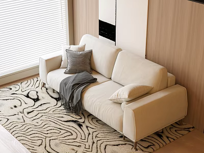 Beige Two Seater Sofa With Gray Pillow Throw On Zebra Rug Wooden Wall And Blinds 3d model