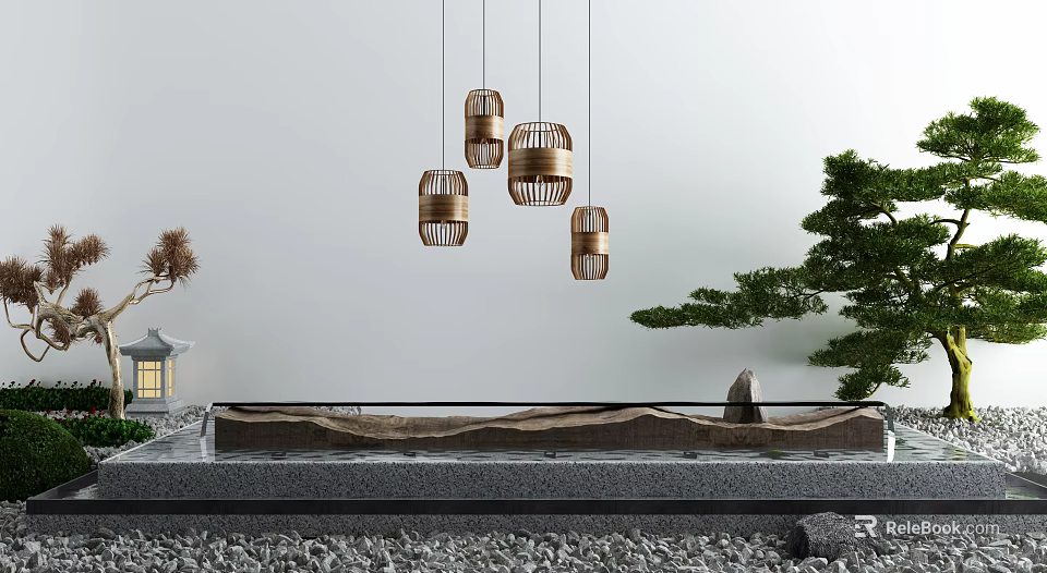 Garden Ornaments With Hanging Bamboo Lanterns Stone Water Feature And Pine Tree 3d model
