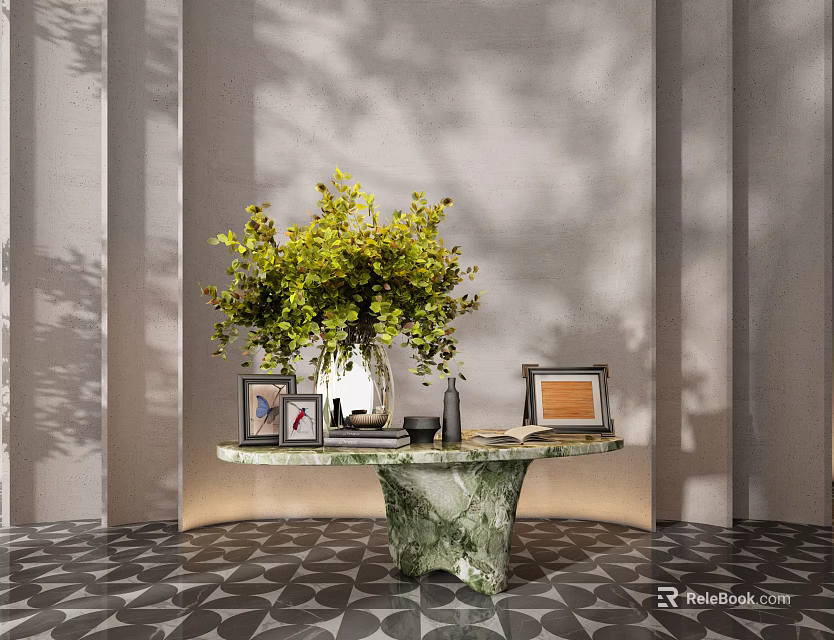 Elegant Console Table With Green Foliage Vase Photo Frames And Marble Pedestal 3d model 