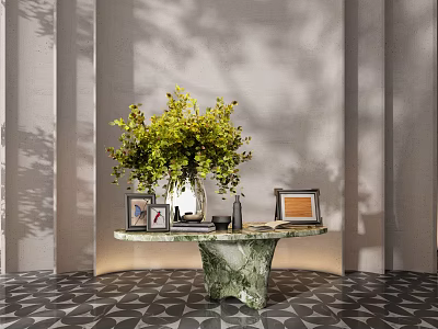 Elegant Console Table With Green Foliage Vase Photo Frames And Marble Pedestal 3d model