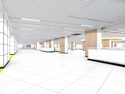 Modern Station Interior With Spacious Layout White Tile Flooring And Strip Ceiling Lights 3d model