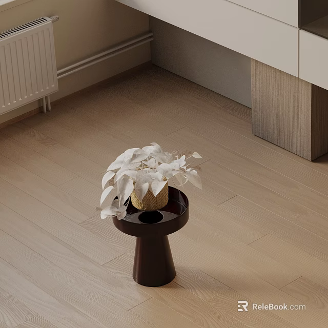 Round Dark Wooden Side Table With White Plant Pot On Light Wooden Floor 3d model 