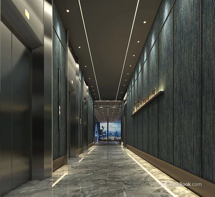 Modern Elevator Hallway Interior With Dark Panel Walls Marble Floor And Recessed Lighting 3d model