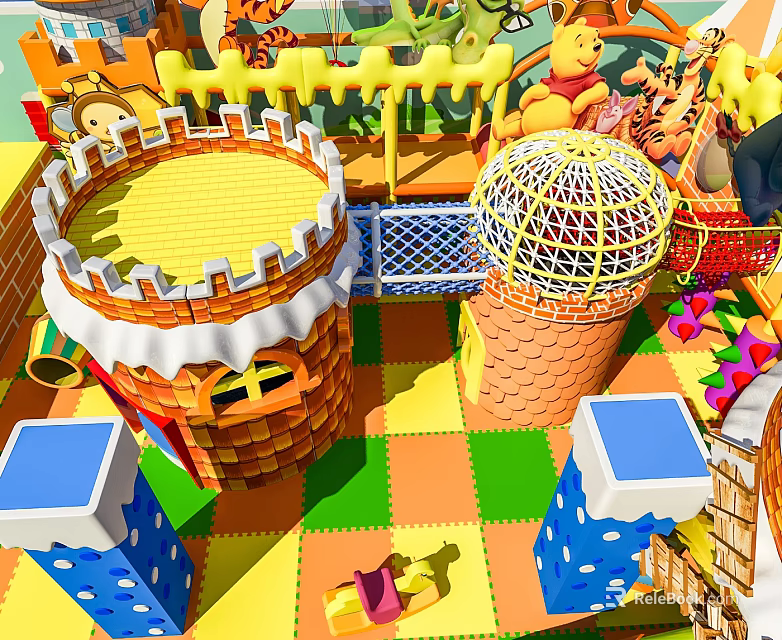 Commercial Playground Equipment for Kids Castle Themed Play Area With Colorful Mats And Cartoon Decorations 3d model 