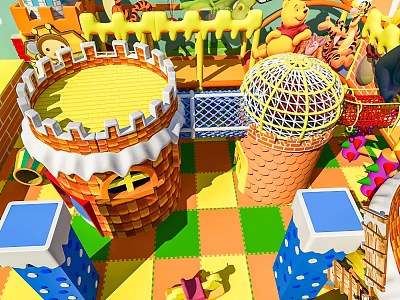 Commercial Playground Equipment for Kids Castle Themed Play Area With Colorful Mats And Cartoon Decorations 3d model