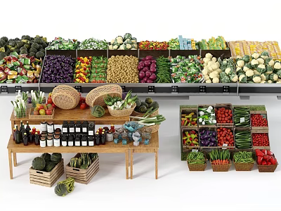 Fresh Vegetables Display With Various Types Arranged On Shelves And Baskets 3d model