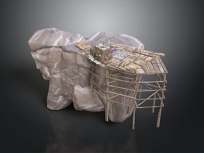 Rustic Natural Rock Structure With Wooden Scaffolding Platform And Construction Elements 3d model