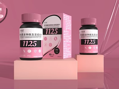 Pink Women's Multivitamin Supplement Bottles And Box With 1125 Label Design 3d model