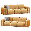 Modern Blue Velvet Three Seater Sofa With Striped Pillow And Curved Arms