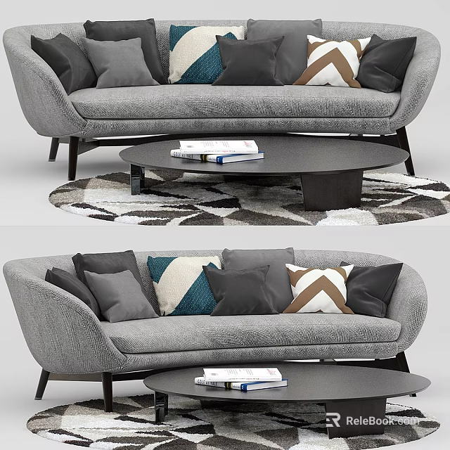 Gray Two Seater Sofa With Colorful Patterned Pillows Round Coffee Table And Geometric Rug 3d model 