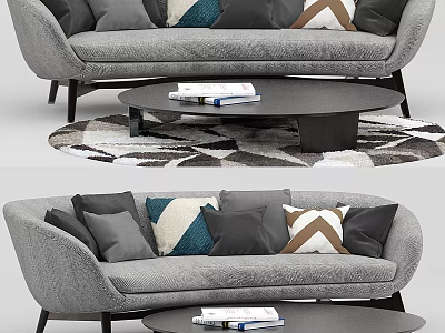 Gray Two Seater Sofa With Colorful Patterned Pillows Round Coffee Table And Geometric Rug 3d model