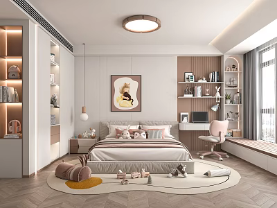 Bright Kids Bedroom With Bed Bookshelves Desk Chair Toys And Decorative Rug 3d model