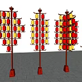 Outdoor Art Installation Featuring Red Lanterns Arranged On Tall Structures With Stone Pavement 3d model