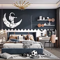 Kids Room With Dark Blue Walls Astronaut Moon Decal Gold Chandelier Bed And Soccer Ball