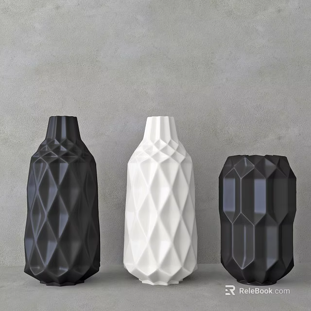 Geometric Textured Ceramic Vases in Black and White on Gray Wall 3d model 
