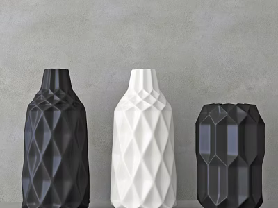 Geometric Textured Ceramic Vases in Black and White on Gray Wall 3d model