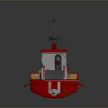 Red and Gray Boat 3D Rendering With Antenna Staircase and Wooden Deck